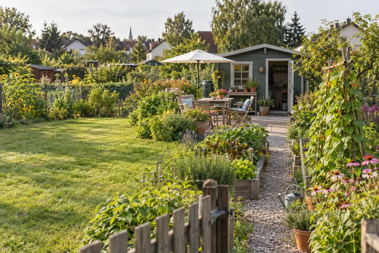 Kleiner Schrebergarten mit Laube, Weg, Sitzplatz und Gemüsebeeten.