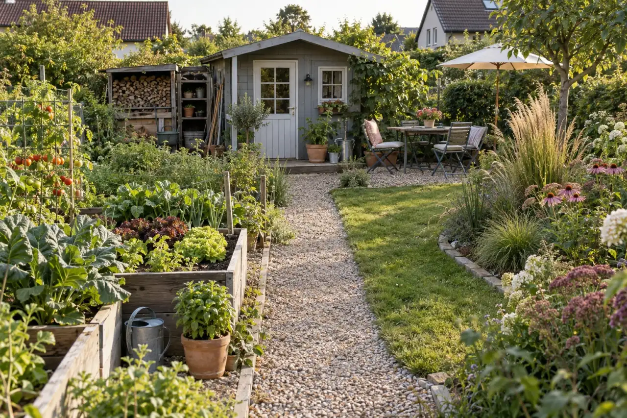 Eine Gartenszene mit Laube, Sitzplatz, Weg, Beeten, Stauraum und Naturbereich.