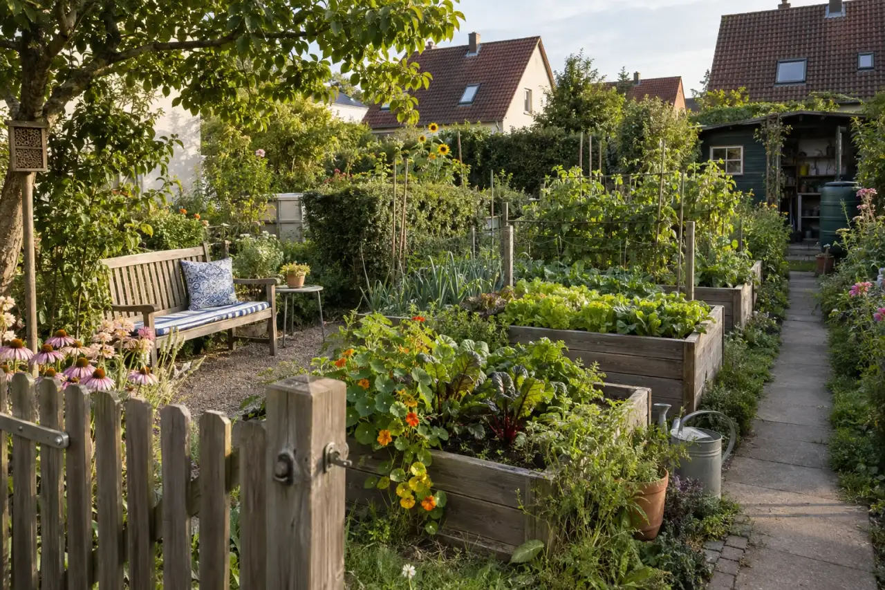 Kompakt gegliederter Garten mit kurzen Wegen und klaren Beeten.