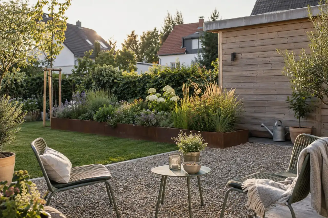 Moderner reduzierter Garten mit ruhiger Laube und linearer Beetfläche.