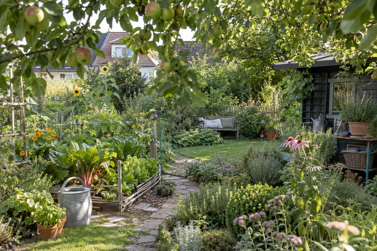 Naturnaher Garten mit üppigen Übergängen und verborgenem Sitzplatz.