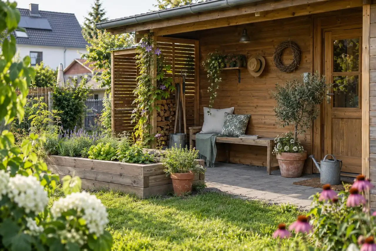 Holz verbindet Laube, Bank, Beetkante und Stauraum.