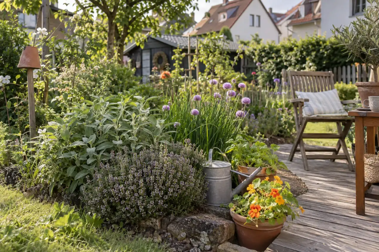 Kräuter und essbare Blüten am Weg neben einem Gartenstuhl.