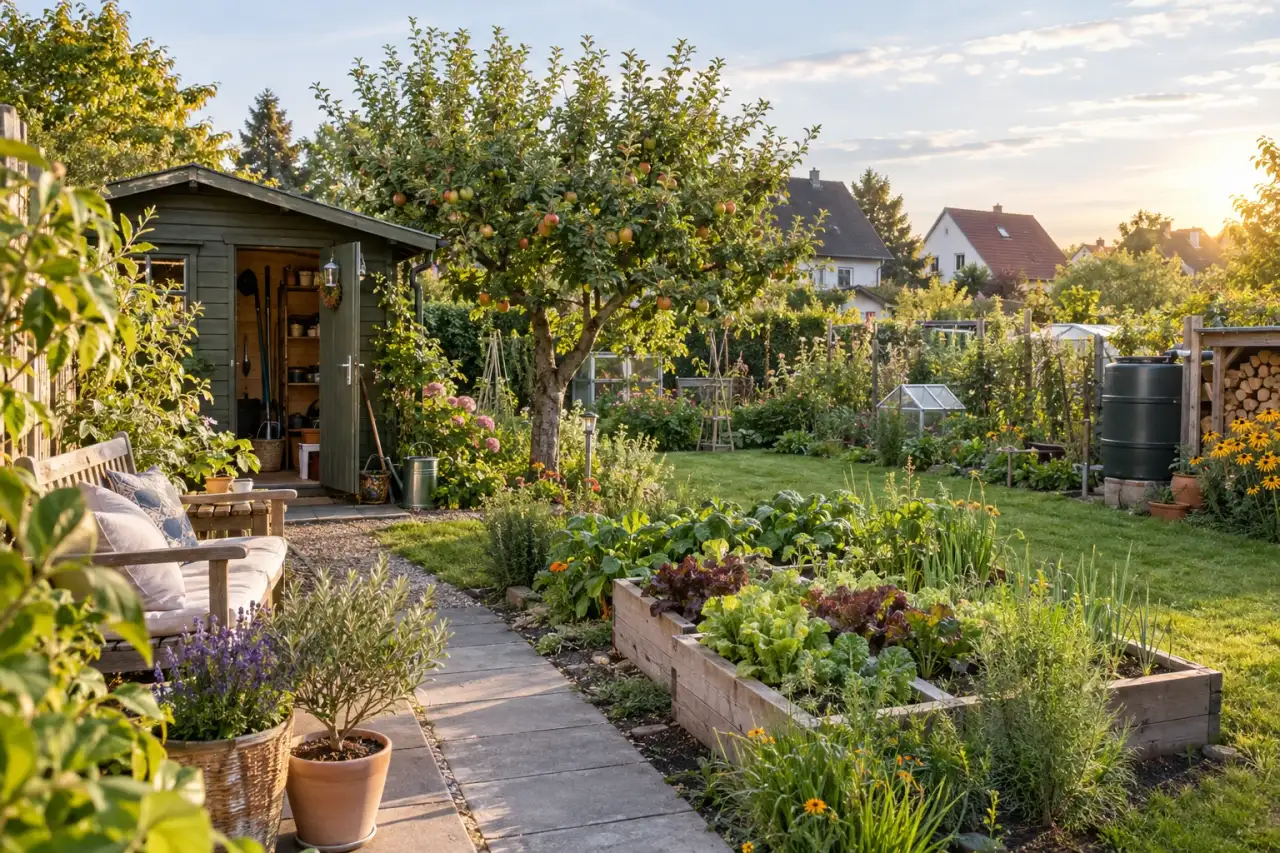 Stimmiger Schrebergarten mit Erntebereich, Sitzplatz und Laube.