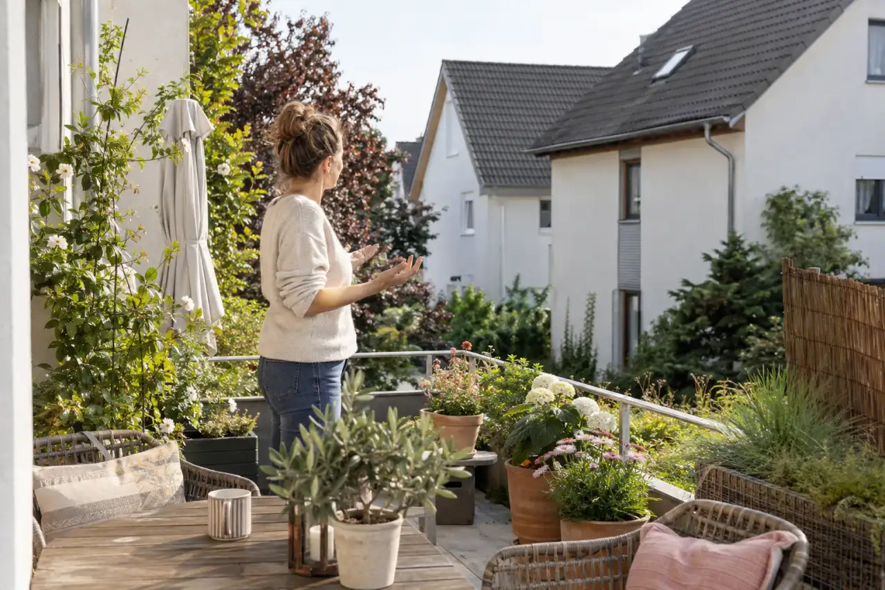 Person betrachtet die Blickrichtung auf einer Gartenterrasse.