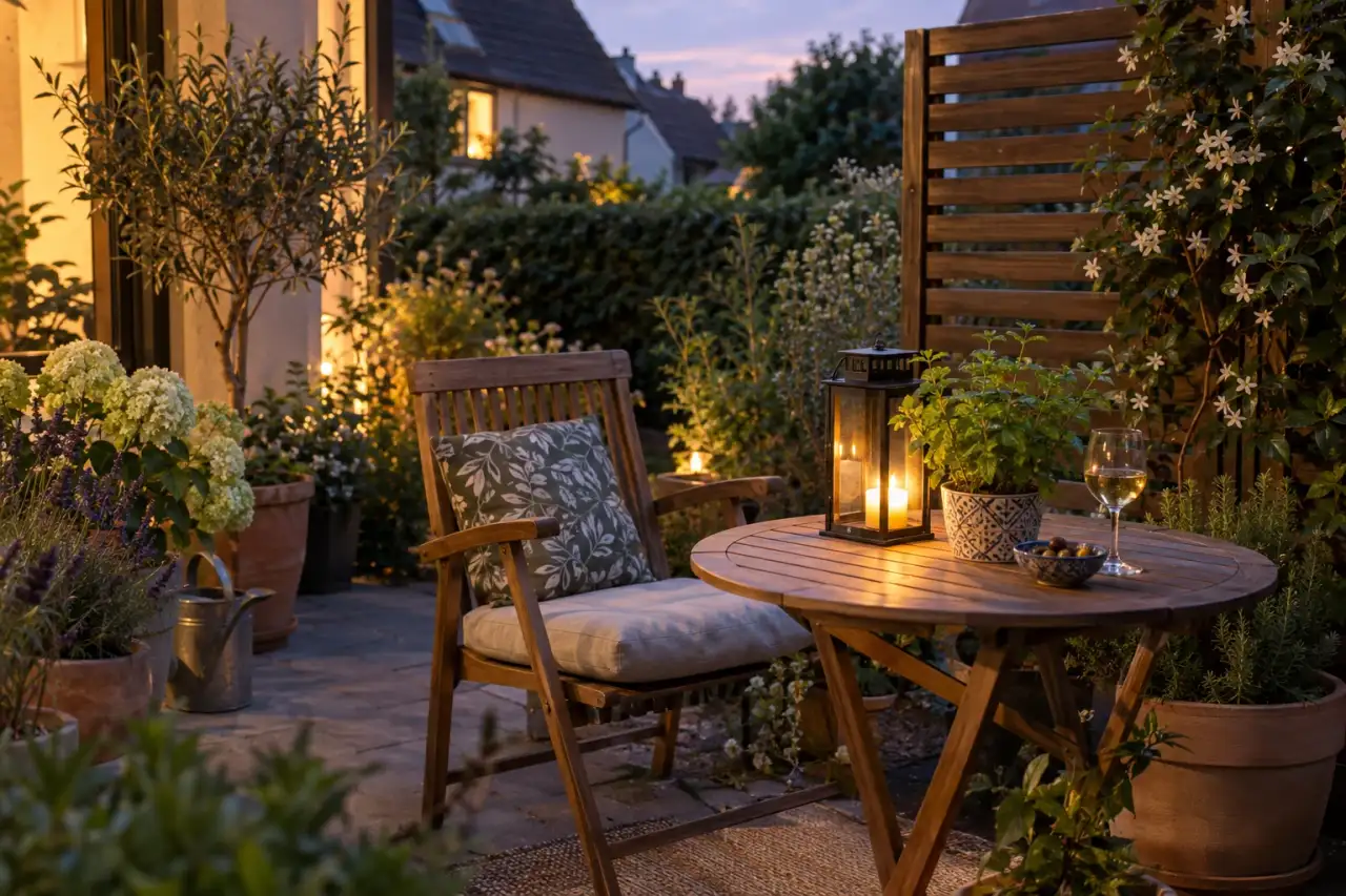 Persönliche Details machen eine geschützte Gartenecke wohnlich.