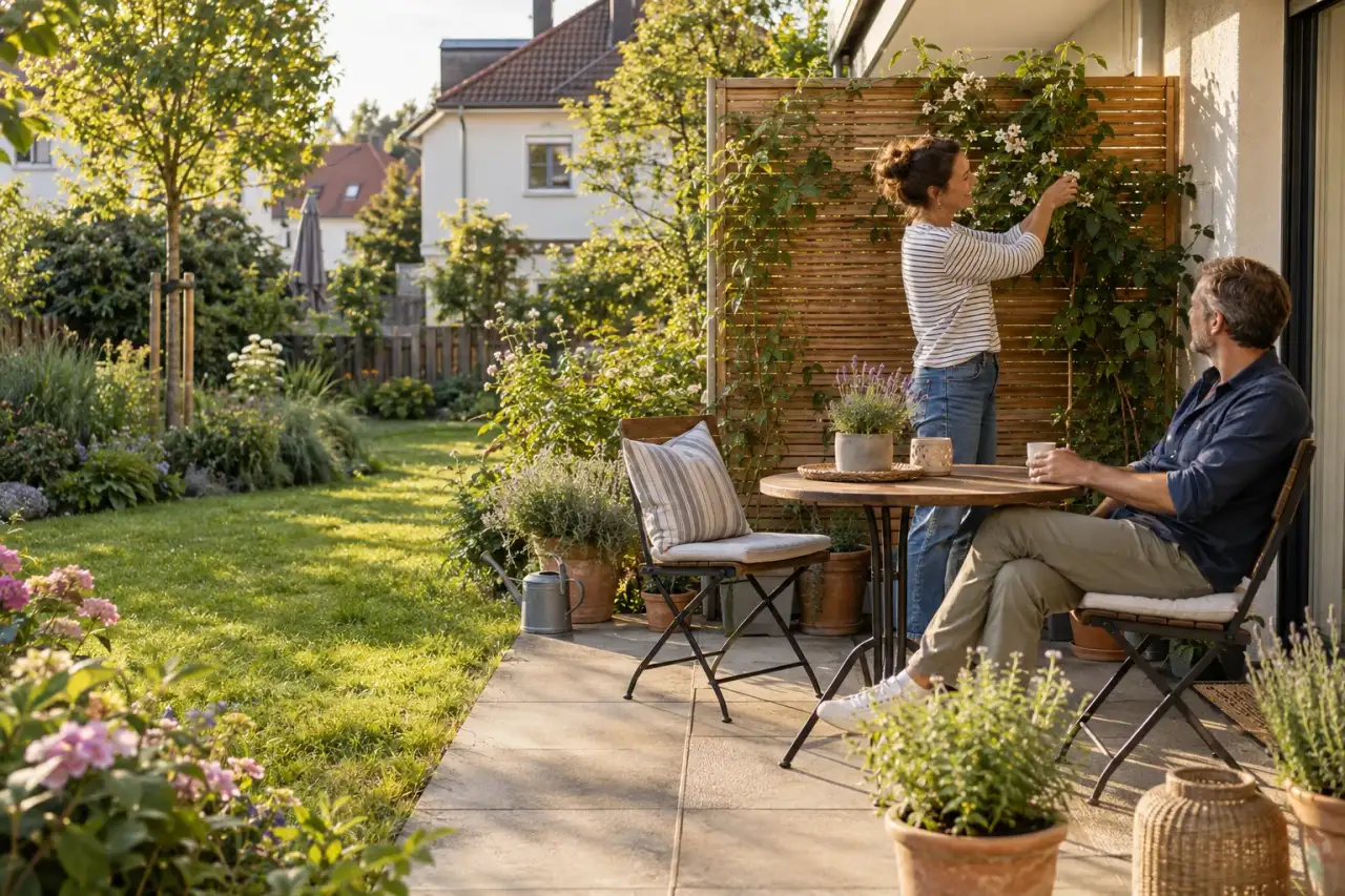 Gestaltete Terrasse mit geflochtenem Holzsichtschutz und Kletterpflanzen.