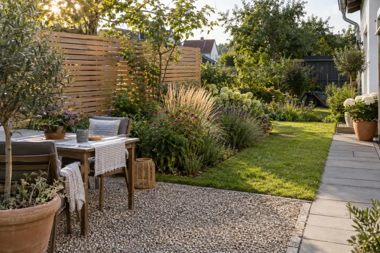 Eine Gartenszene mit Sichtschutz, Sitzplatz, Pflanzsaum, Weg, Bodenrand und Ausblick.