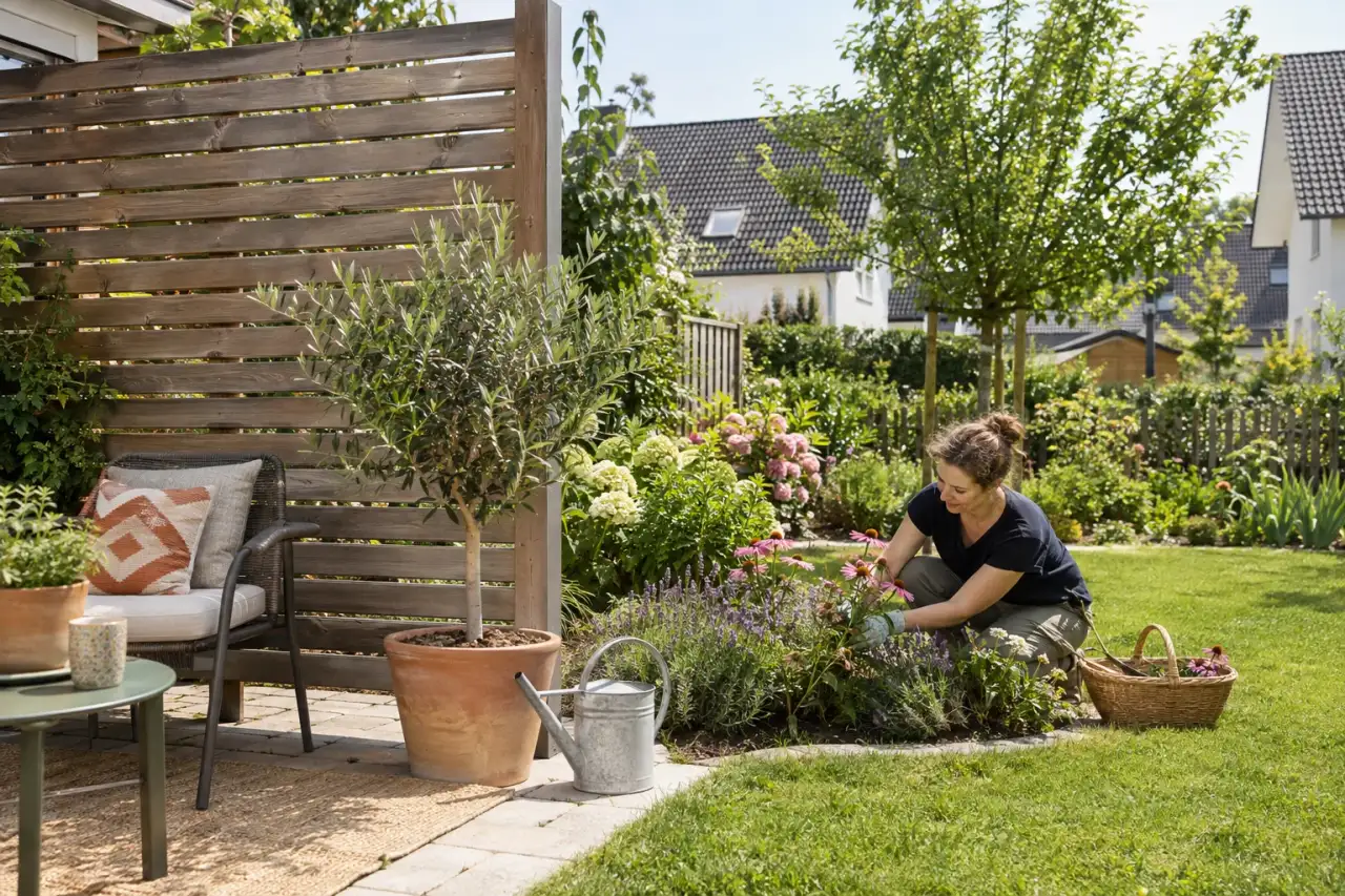 Teilweise offene Sichtschutzfläche am Gartenrand.