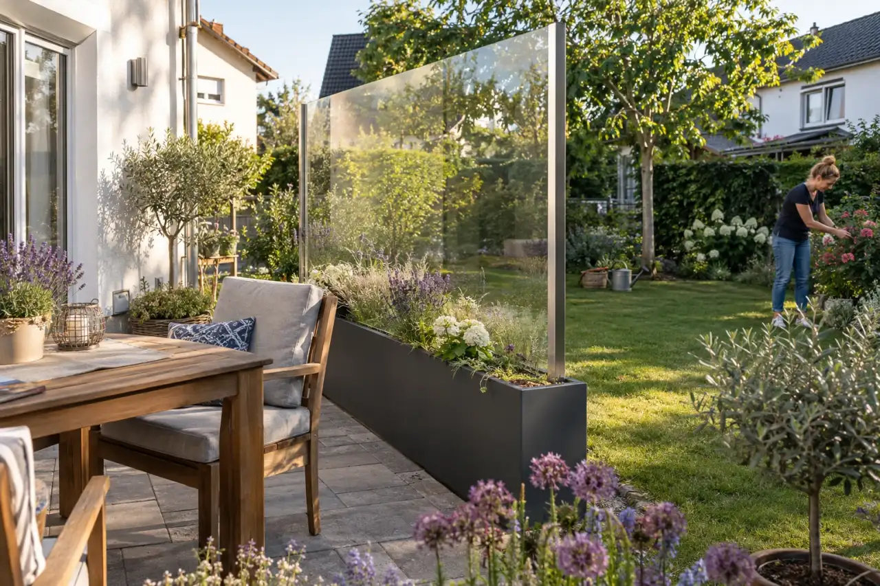 Mobiler transparenter Windschutz im Pflanzkasten auf einer Terrasse.