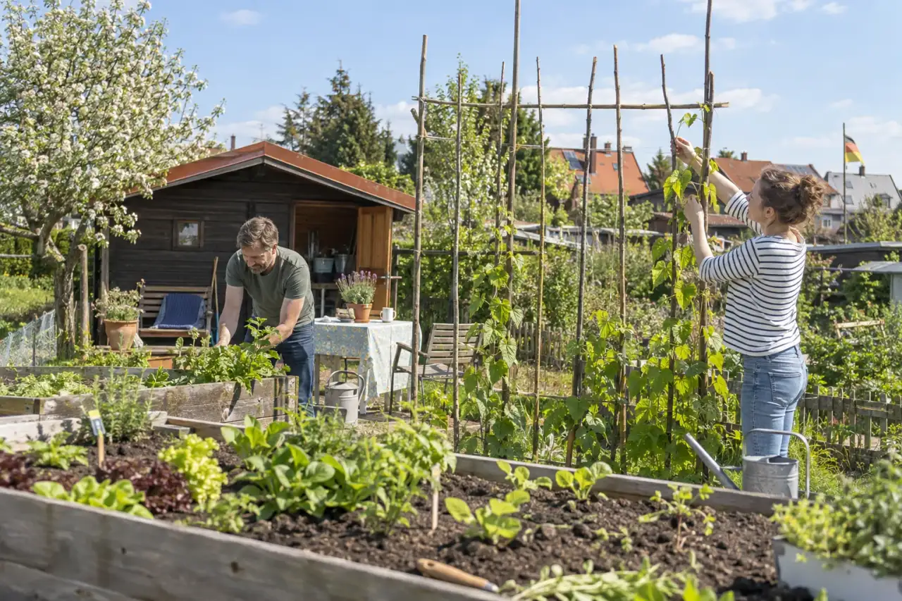 Rankgitter mit jungen Kletterpflanzen im Schrebergarten.