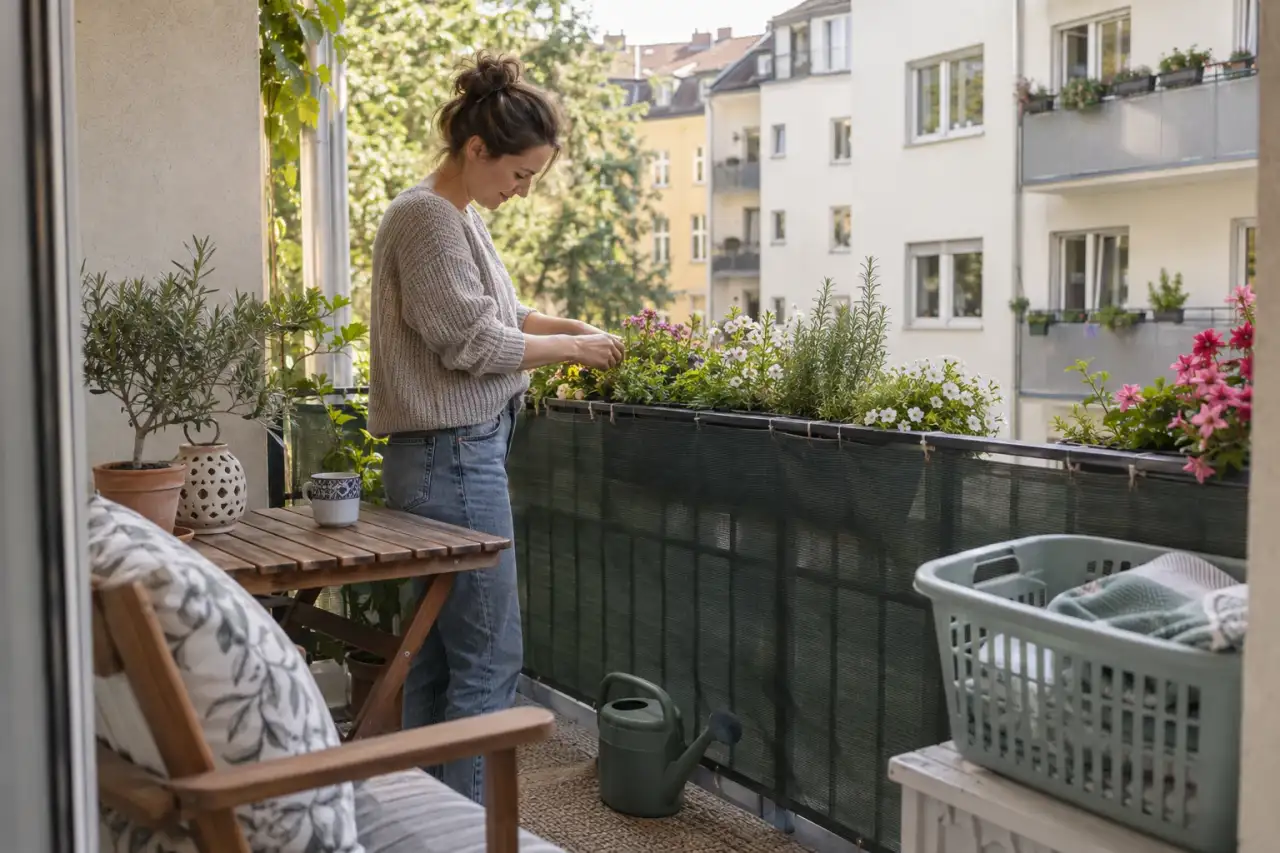 Schlanke Sichtschutzmatte an einer kleinen Loggia.