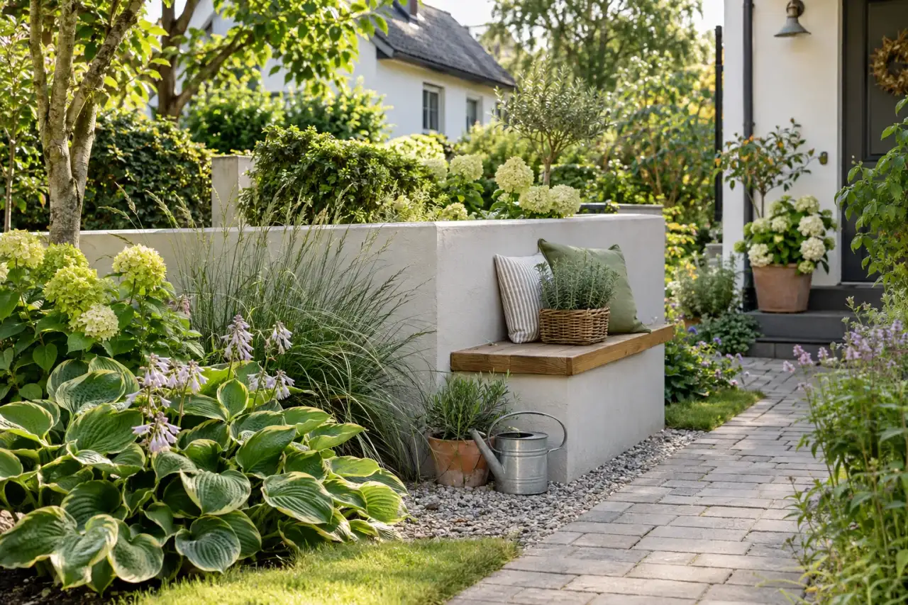 Niedrige Gartenmauer mit Bank und weicher Bepflanzung.