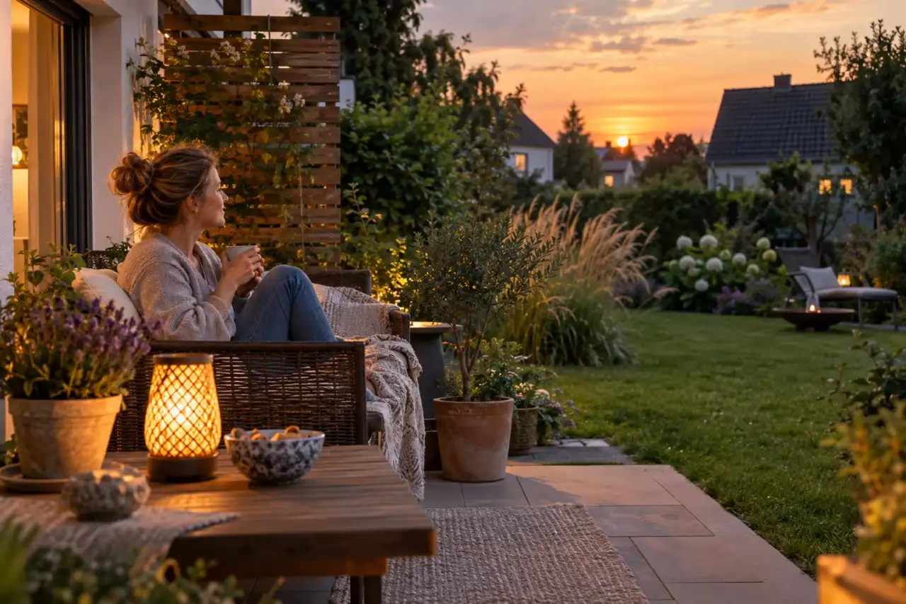 Ruhiger Abendplatz an einer teilweise abgeschirmten Terrasse.