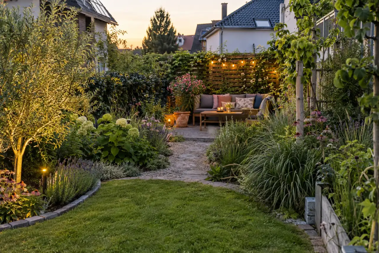 Eine bepflanzte Grenze rahmt einen nutzbaren Sitzplatz im Garten.