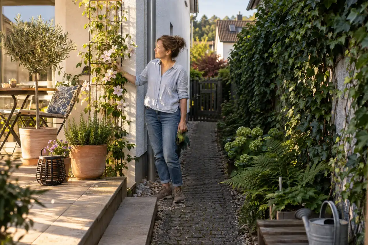 Sonniger und schattiger Gartenbereich zeigen unterschiedliche Begrünungsideen.