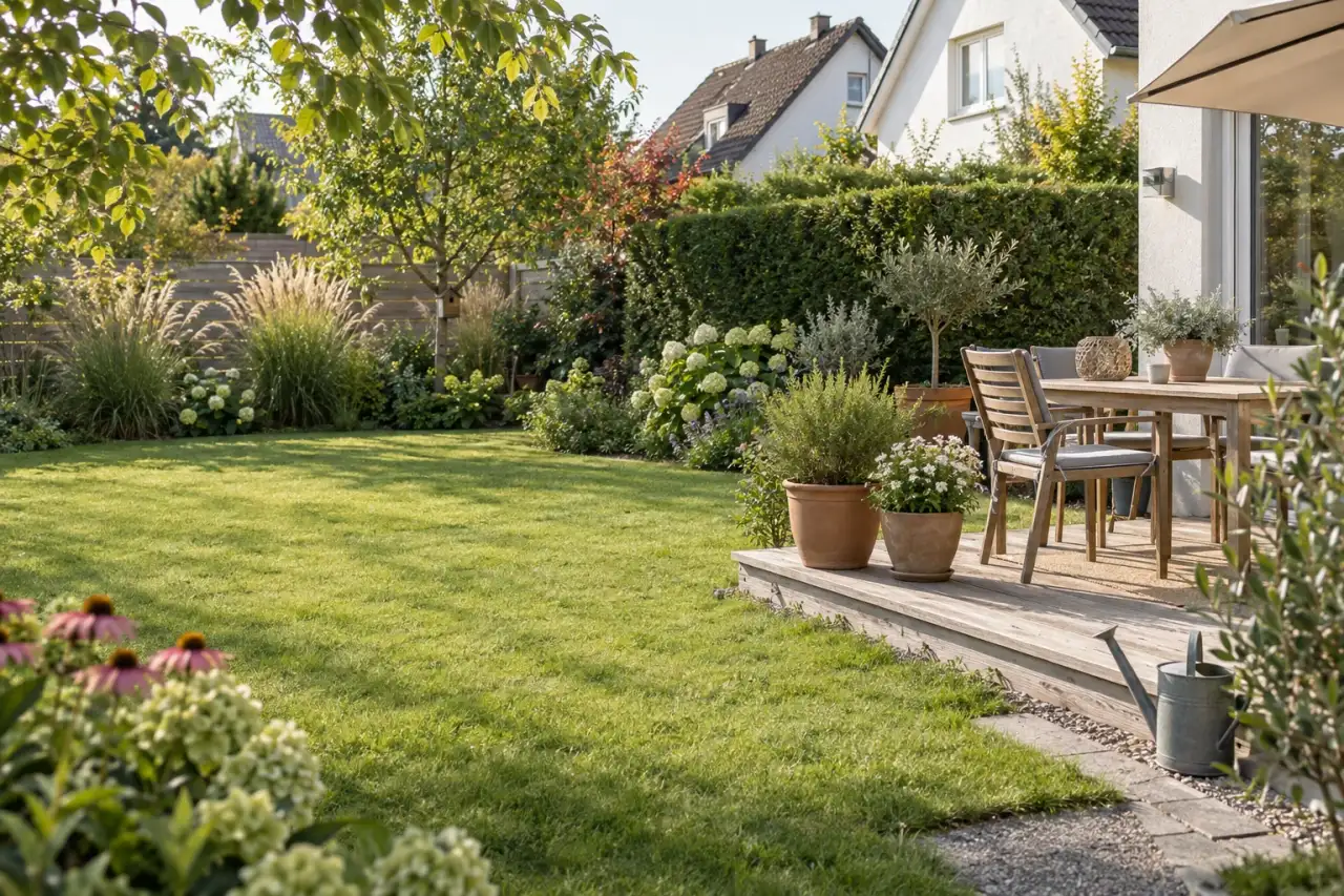 Ruhiger Garten mit geschnittener Hecke, Gräsern und Zaun als natürlicher Sichtschutz.