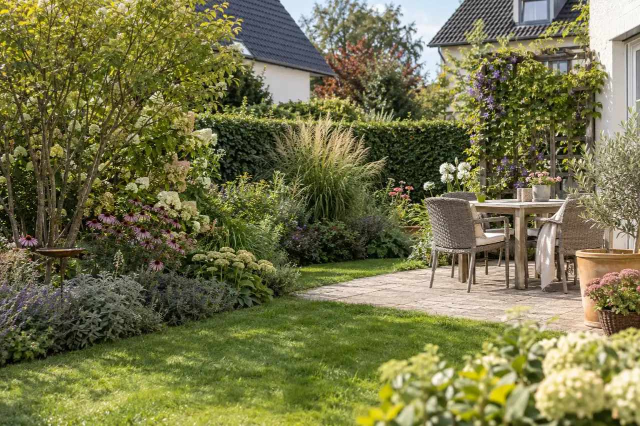 Eine Gartenszene zeigt Hecke, Gehölze, Gräser, Rankgitter, Pflanzsaum und Sitzplatz.