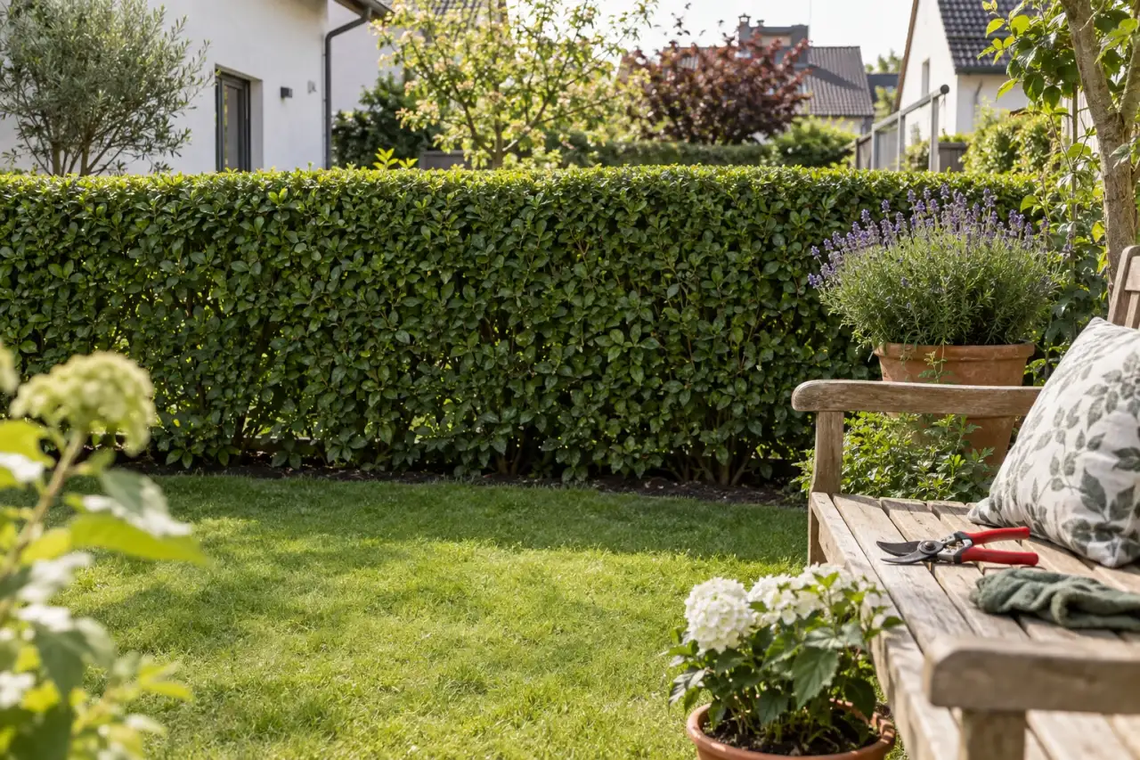 Eine geschnittene Hecke bildet eine ruhige grüne Rückwand.