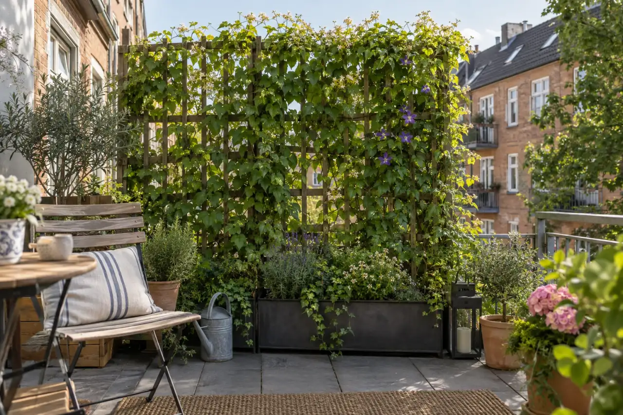 Kletterpflanzen begrünen eine vertikale Rankhilfe an einer kleinen Terrasse.
