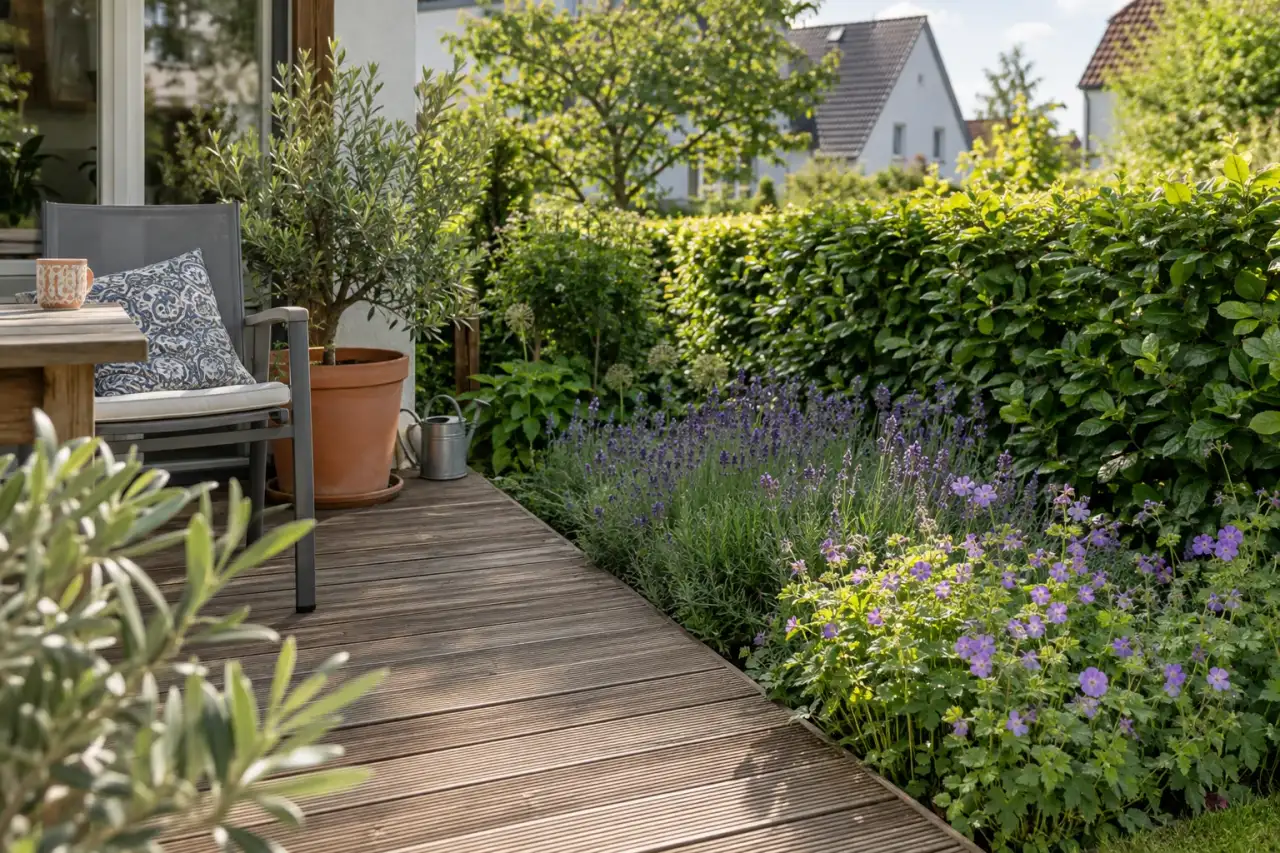 Lavendel und Storchschnabel säumen ein Holzdeck vor einer Hecke.