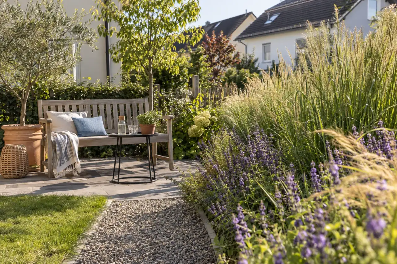 Rutenhirse und Salbei rahmen einen sonnigen Sitzplatz.
