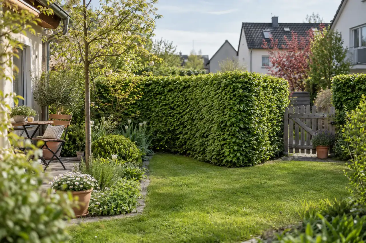 Hainbuchenhecke folgt einer Ecke in einem kleinen Garten.