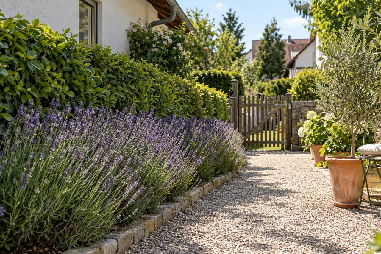 Kompakter Lavendel säumt einen sonnigen Weg vor einer grünen Hecke.
