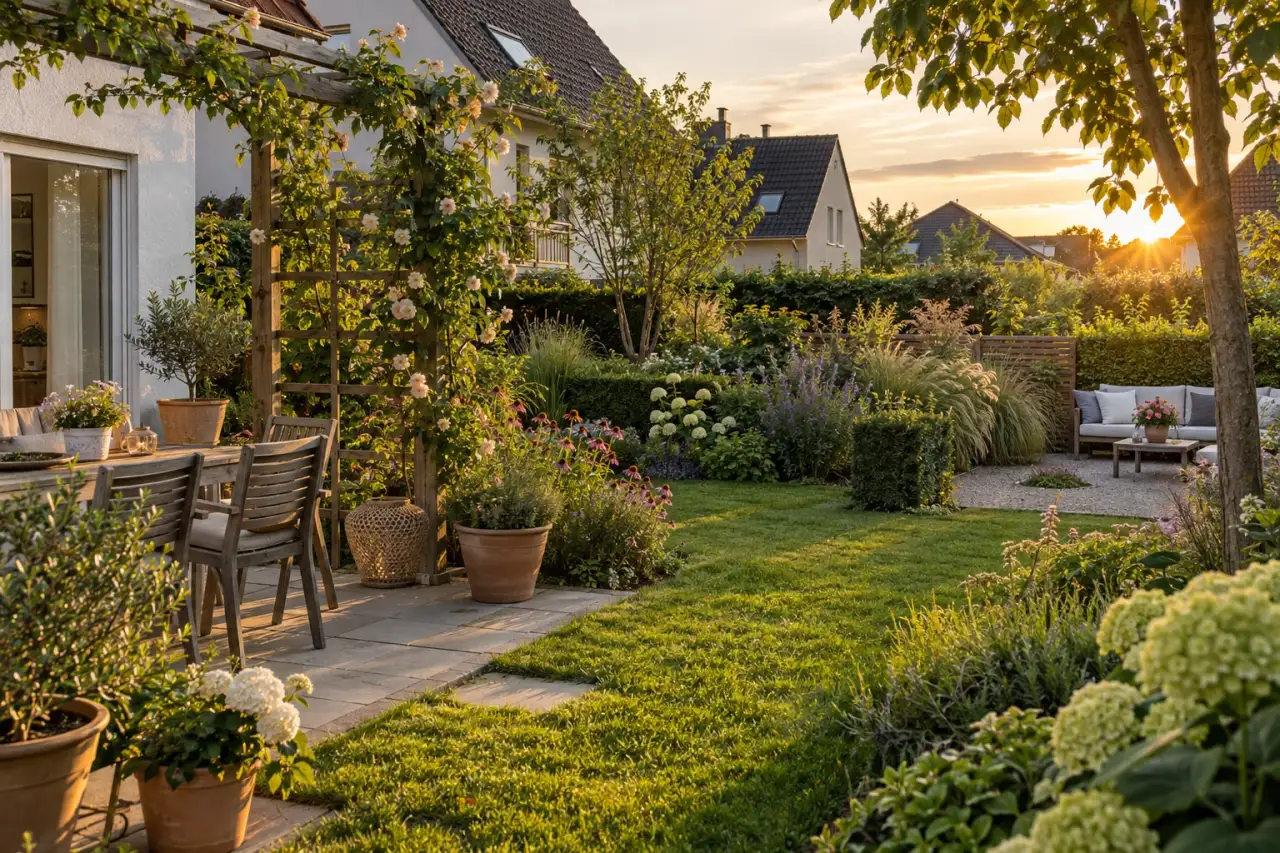 Ein vielfältig bepflanzter Garten verbindet Hecke, Gehölze, Gräser und Kletterpflanzen.