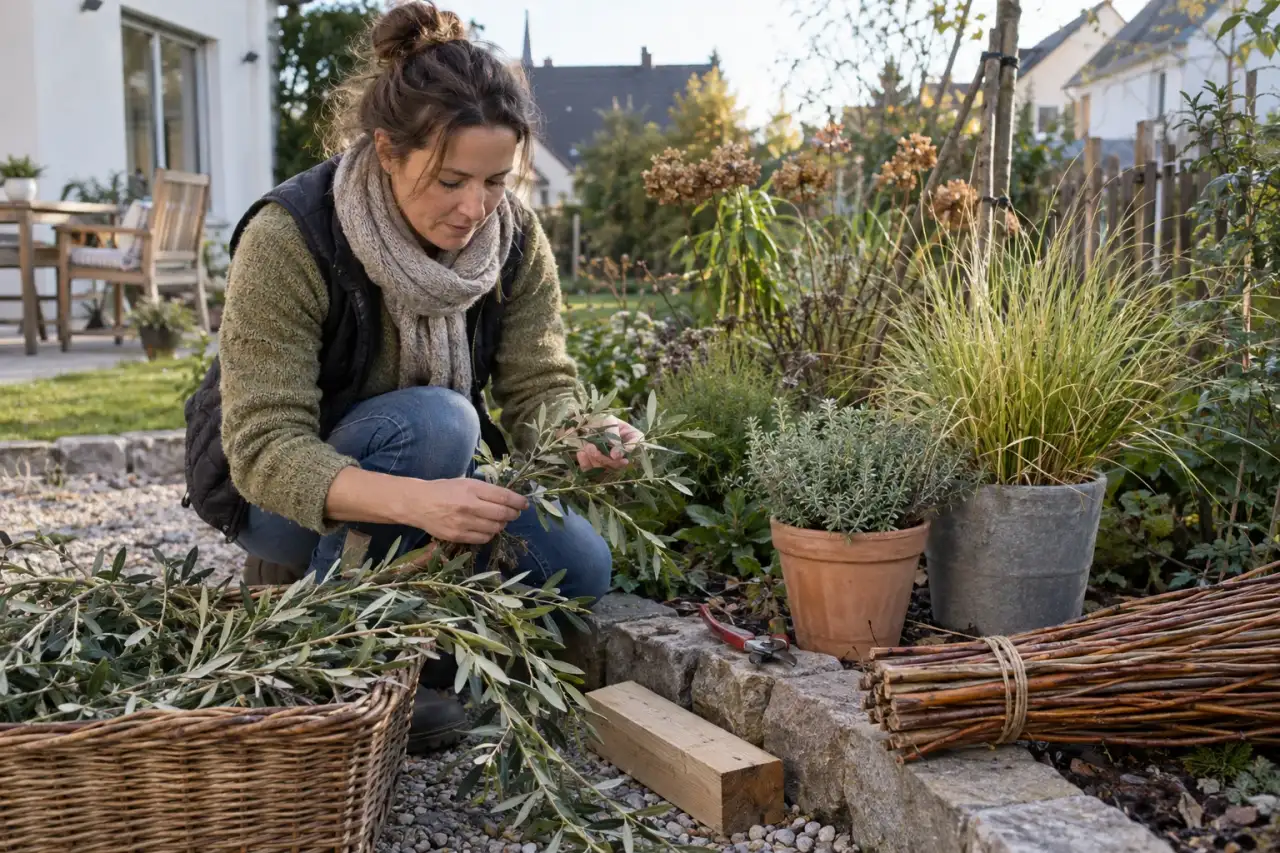 Holz, Weidenruten und Gräser werden neben einem Beet kombiniert.