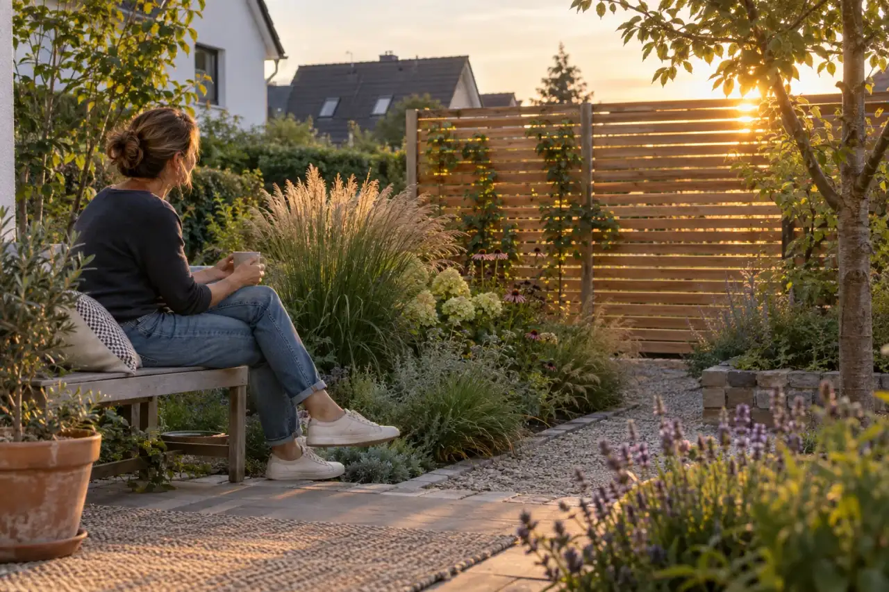 Sitzender Gartenbesitzer prüft Sicht, Licht und Pflanzanschluss.