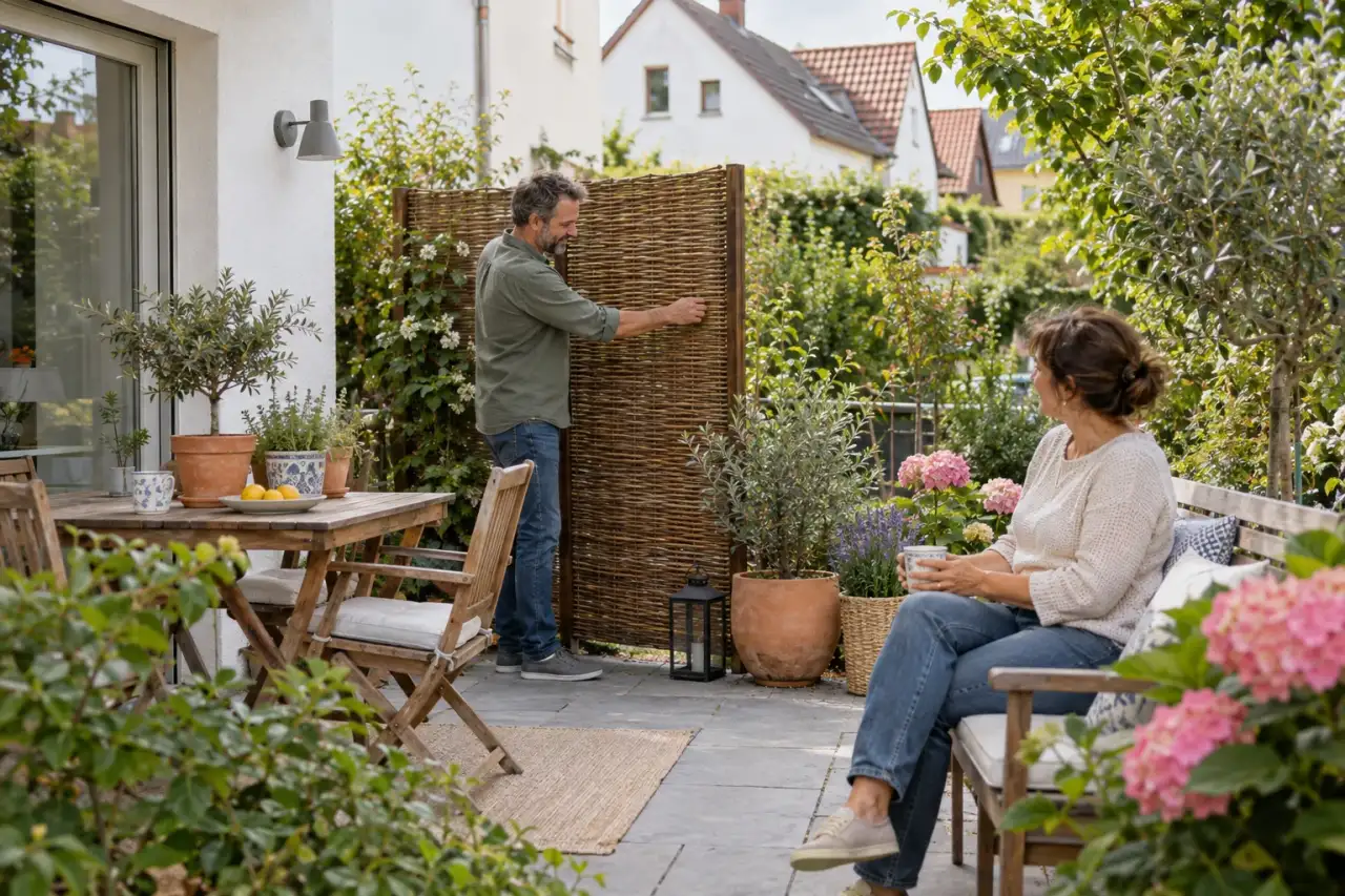 Leichte Sichtschutzwand wird neben einer Terrasse als Raumteiler positioniert.