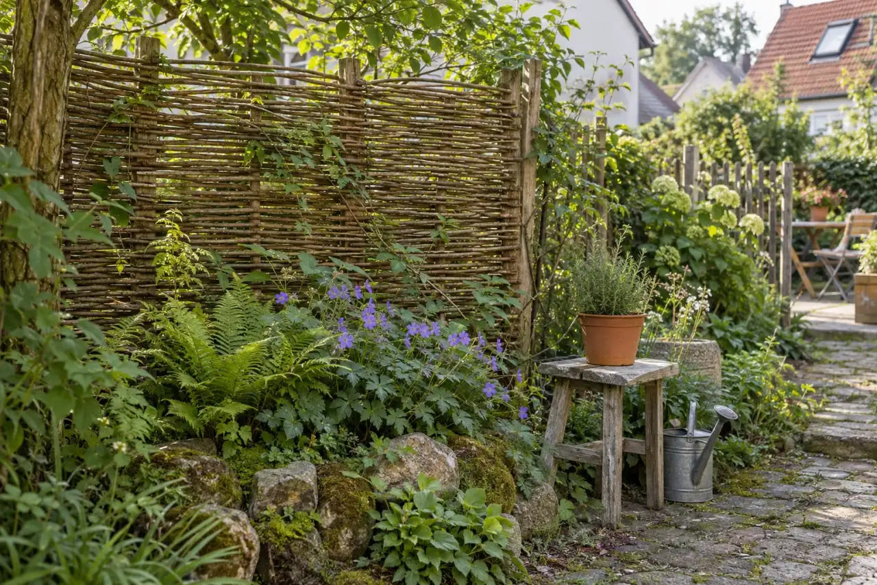 Naturnaher Rückzugsort mit Geflecht, Farnen und Steinen.