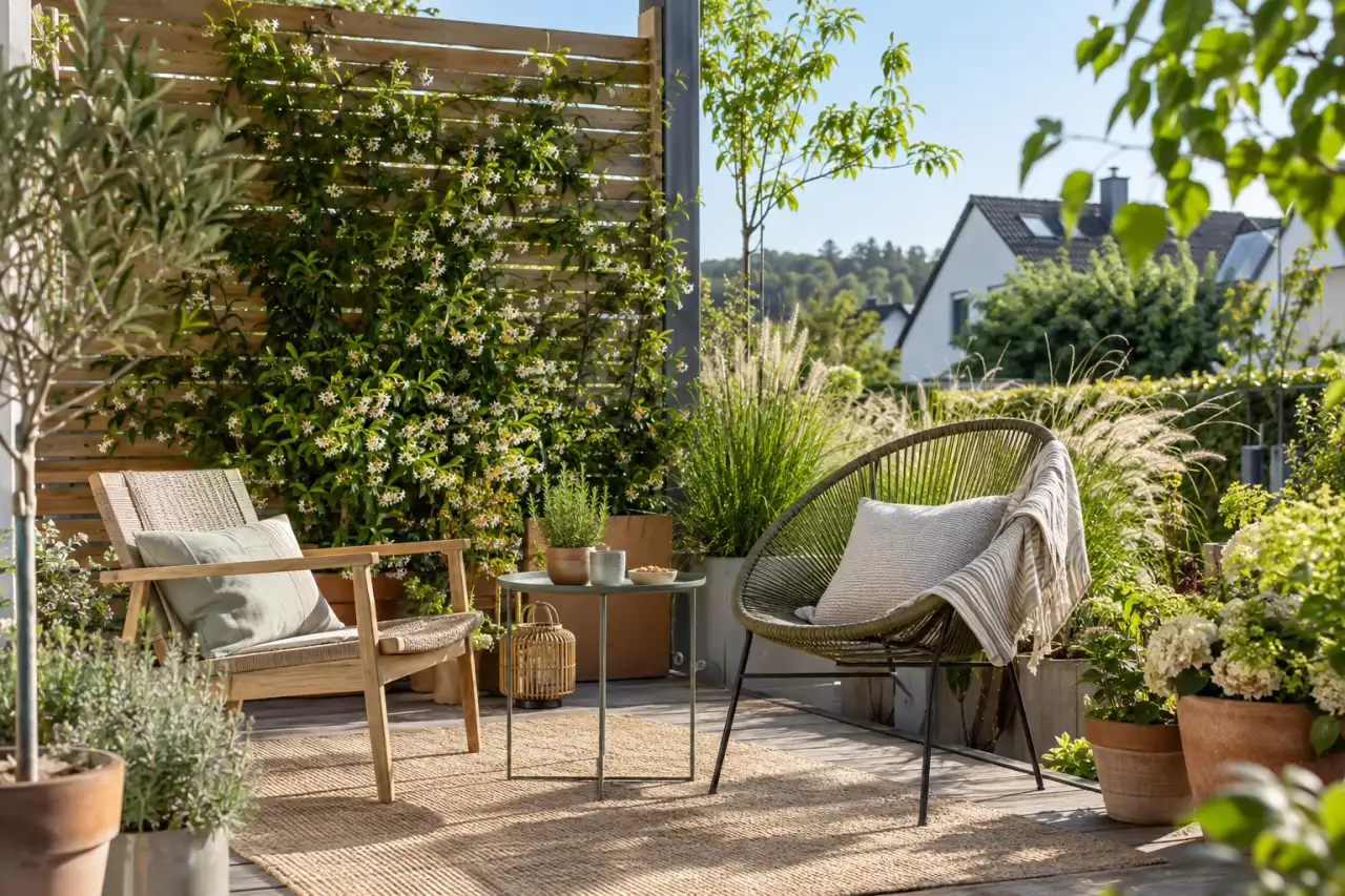 Helle Terrasse mit offenem Lattenelement und Kletterpflanzen.