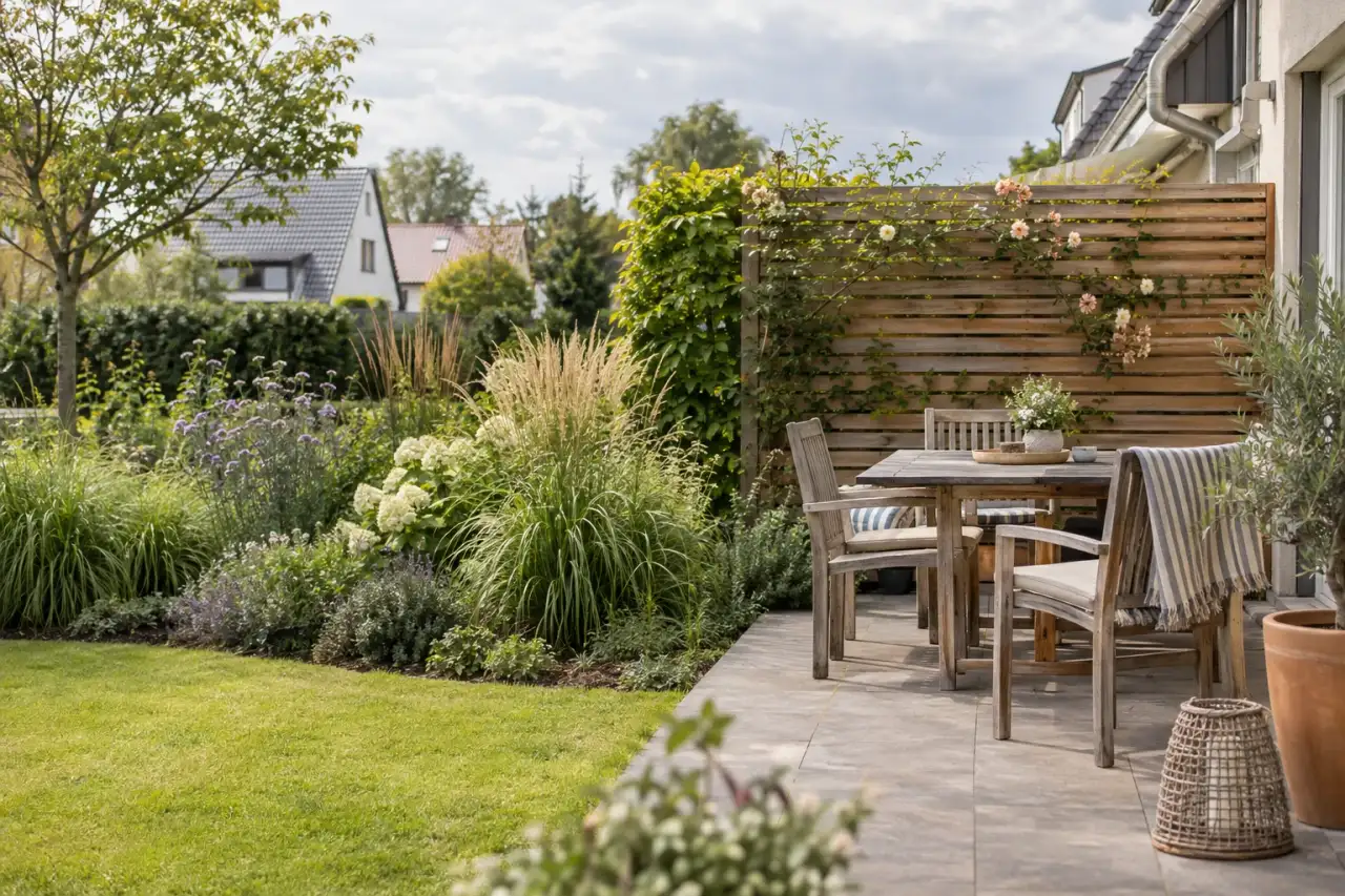 Handgemachter Holzsichtschutz rahmt eine bepflanzte Gartenterrasse.