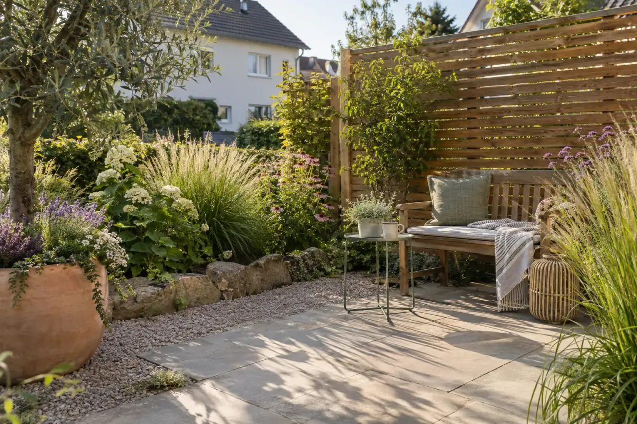 Eine Gartenszene zeigt Wand, Sitzplatz, Pflanzen, Boden, Gefäß und Schatten.