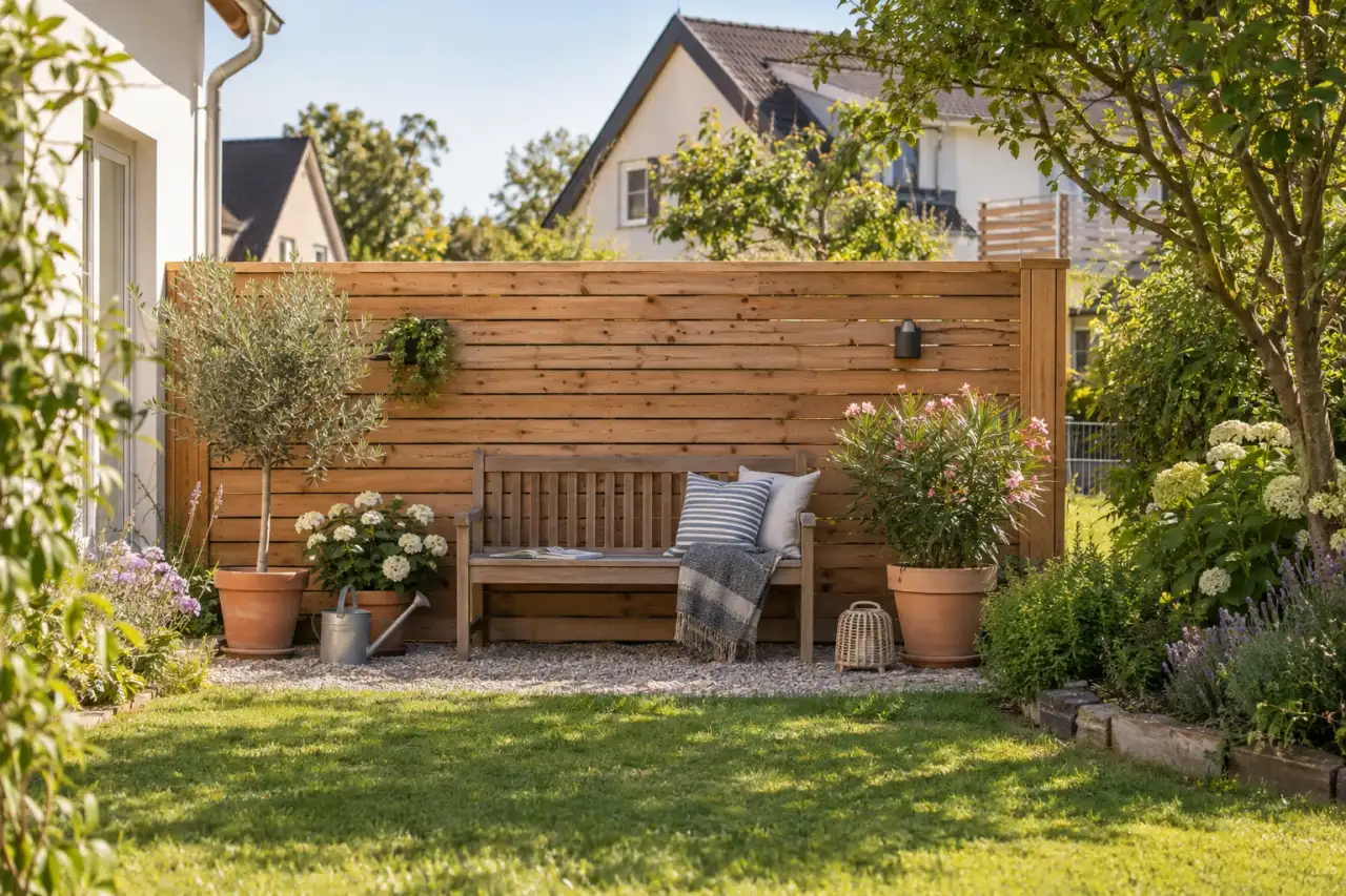 Handgemachte Sichtschutzfläche hinter einer Gartenbank.