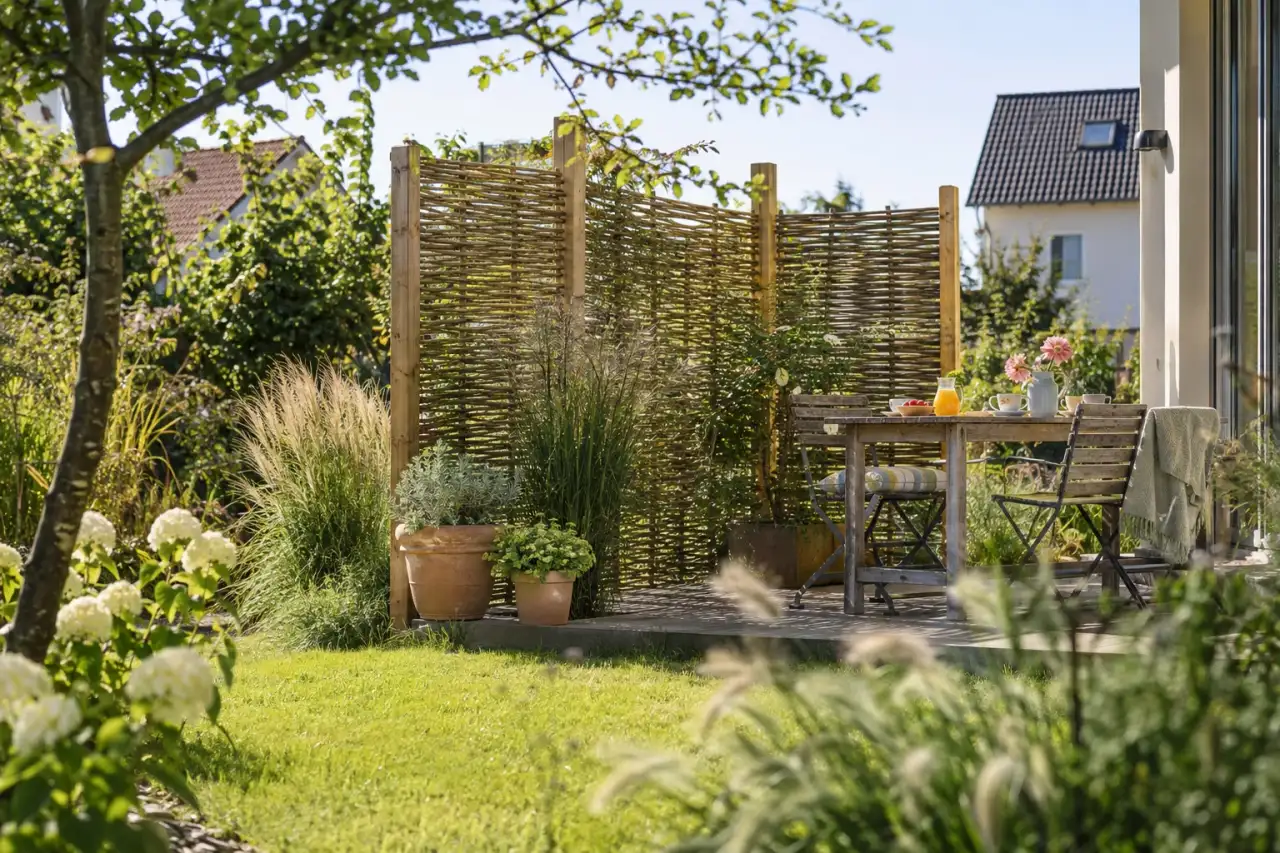 Luftiger Weiden- und Holzschirm neben einer hellen Terrasse.