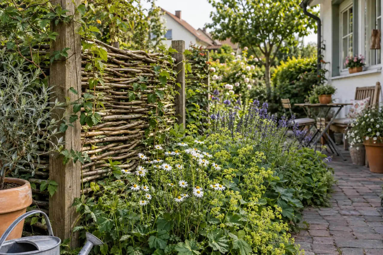 Rustikale Haselruten vor einem lockeren Landgartenbeet.