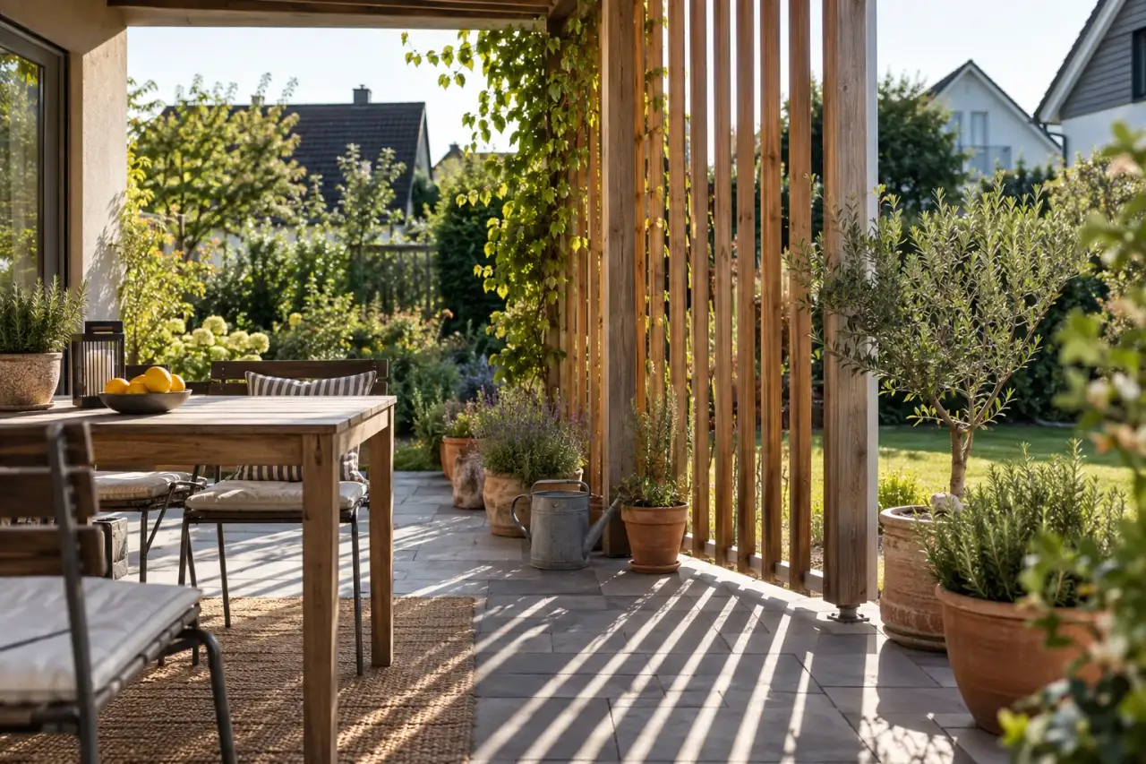 Offene Holzlatten werfen Streifenschatten auf eine Terrasse.