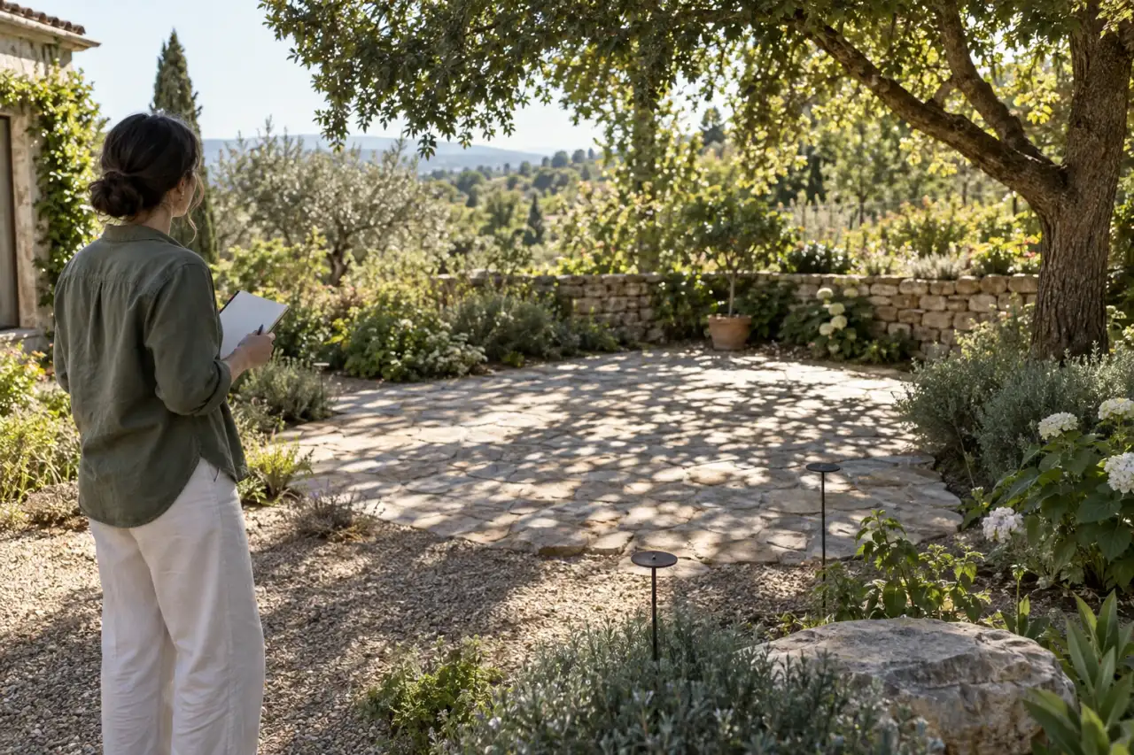 Eine Person beobachtet Licht und Schatten in einem noch unmöblierten Gartenbereich.