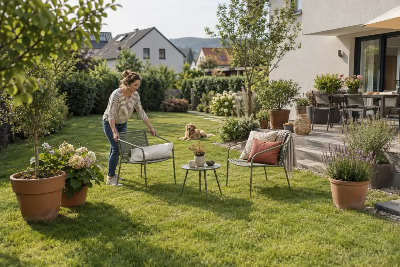 Eine Person arrangiert mobile Stühle, Tisch und Pflanzkübel auf einer freien Rasenfläche.