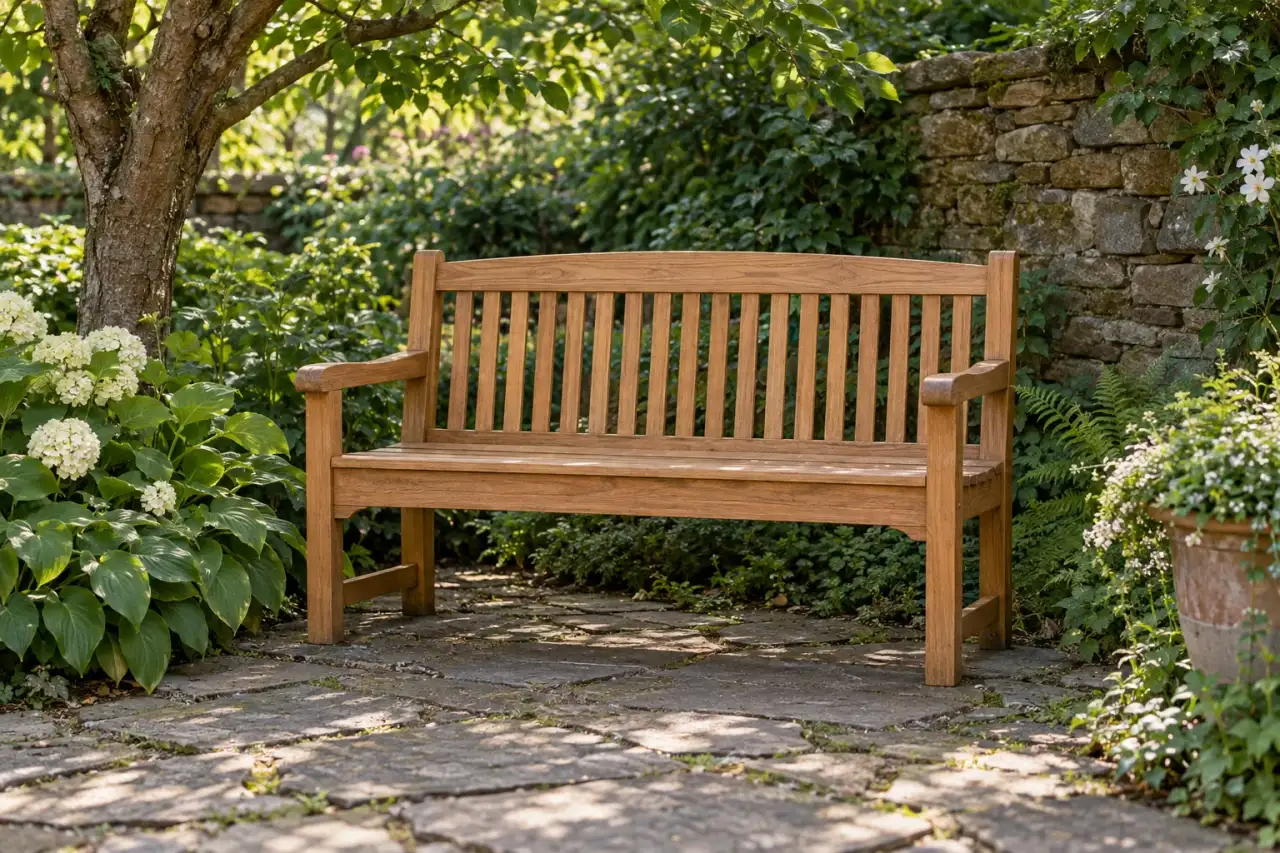 Eine schlichte Holzbank steht ruhig in einer grünen Gartenecke.