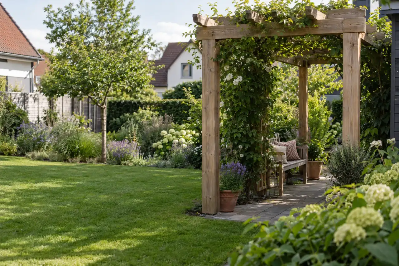 Eine offene Holzpergola rahmt einen Sitzplatz und bleibt zum Rasen offen.