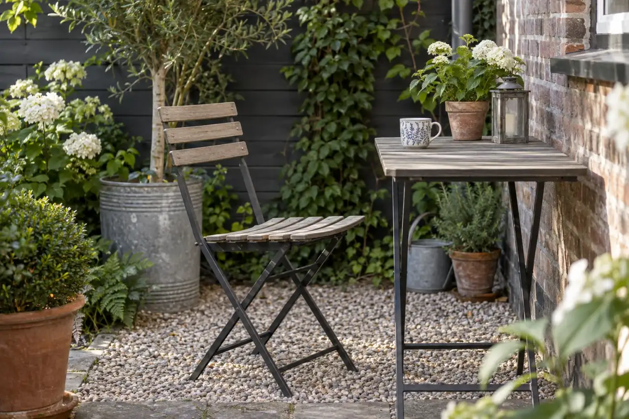Ein leichter Klappstuhl steht neben einem schmalen Gartentisch.