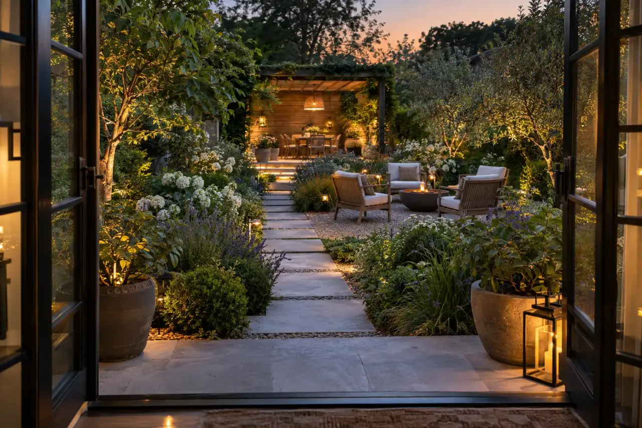 Vom Haus führt ein freier Weg zu einem stimmungsvoll beleuchteten Sitzplatz im hinteren Garten.