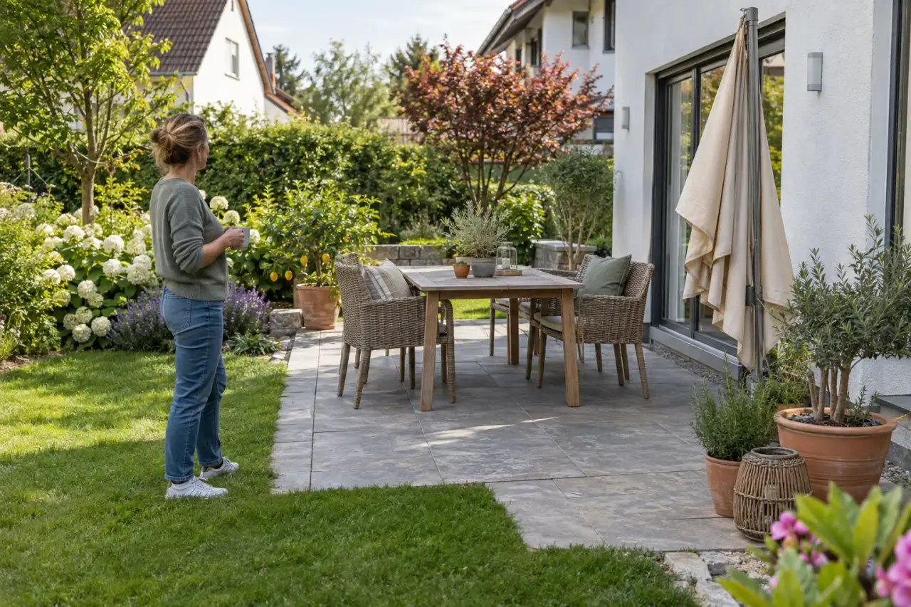 Gartenbesitzer betrachtet Fläche, Möbel und Blickachsen für ein Sonnensegel