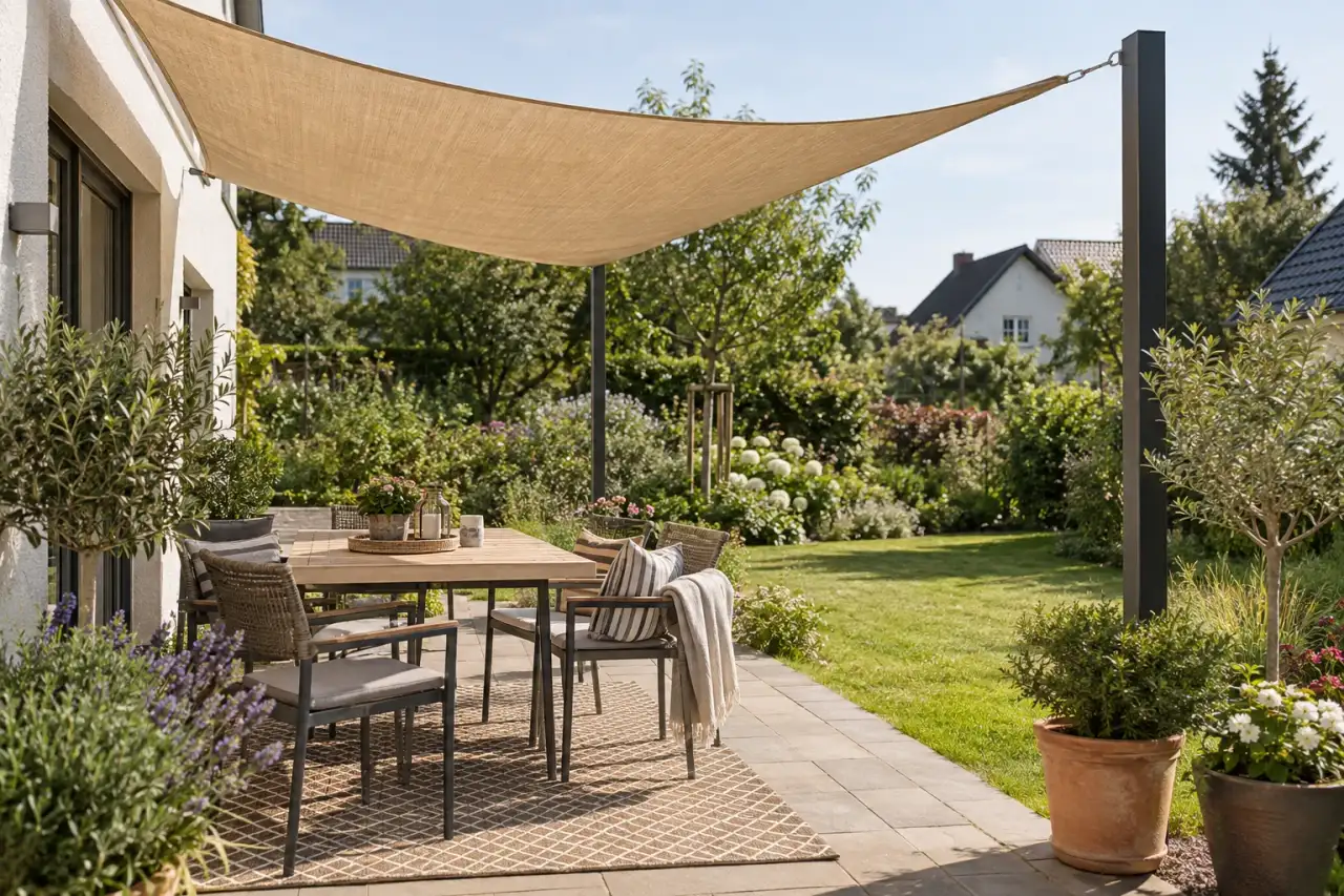 Sonnensegel fügt sich zwischen Hauswand, Pfosten und Gartenblick ein