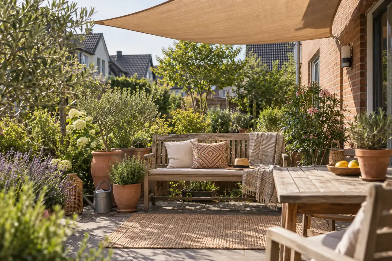 Wohnliche Terrasse mit Holz, Terrakotta und dichterem Sonnensegel