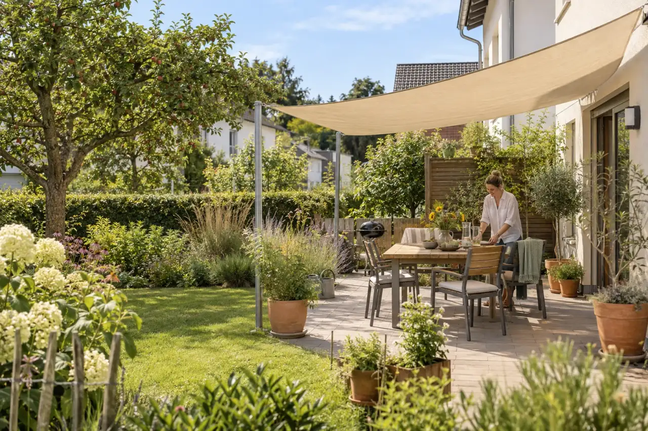 Ruhige Terrasse mit rechteckigem Sonnensegel, Sitzplatz und Pflanztöpfen